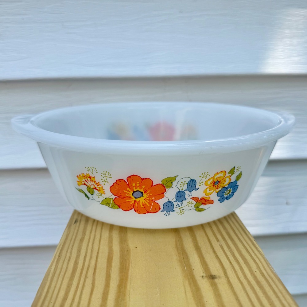 Glasbake J514 2QT Milk Glass Floral Casserole Dish Vintage Round Serving Bowl